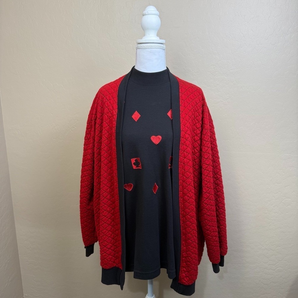Vintage BonWorth Cardigan Sweater Red Black Playing Card Suit Quilted Womens XL